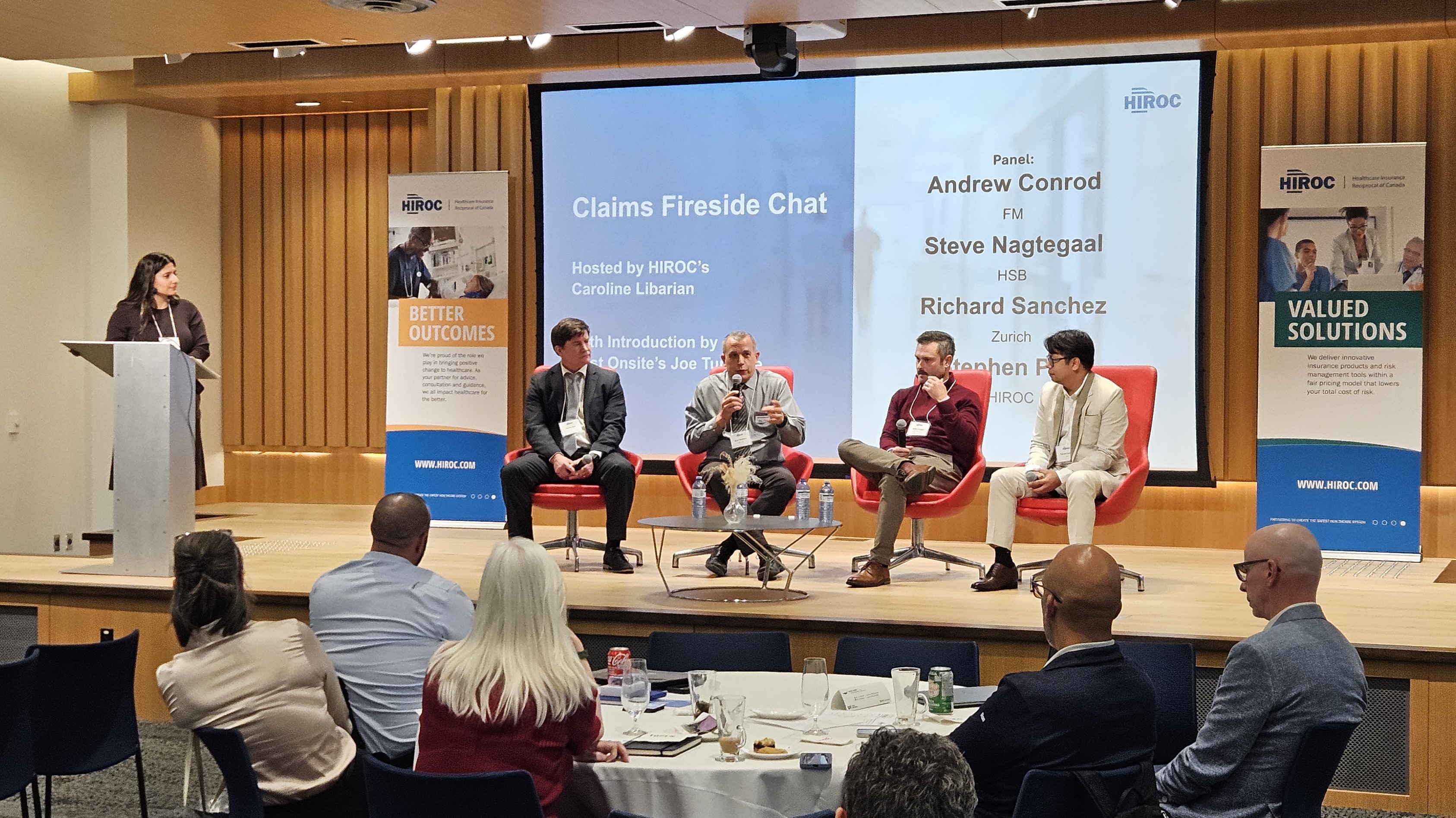 HIROC's Caroline Libarian hosting the Claims Fireside Chat panel along with HIROC's property partners and Stephen Park.