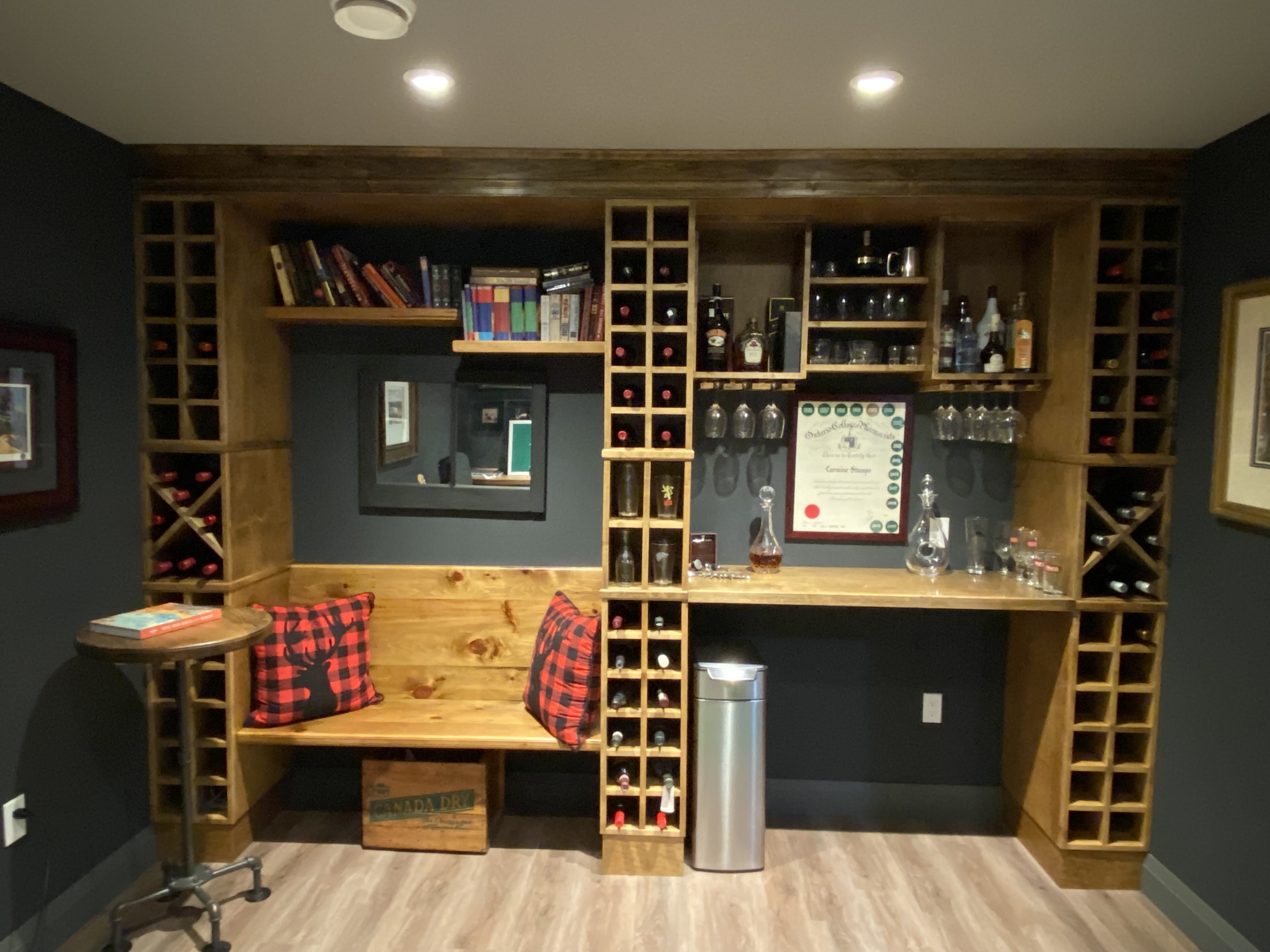 carmine's home office, showcasing his woodworking skills (wine rack and bench)