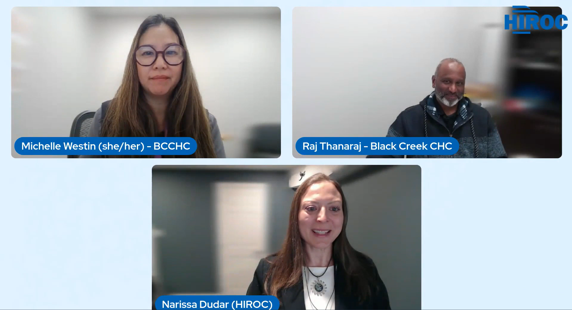 Three speakers, including Michelle and Raj, smiling onscreen during the cyber forum