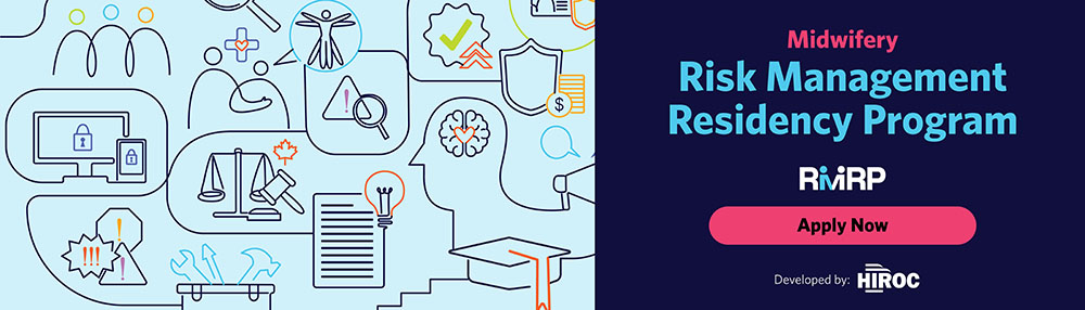 decorative image on the left, the right says Midwifery, Risk Management Residency Program with the RMRP logo and an "apply now" call to action