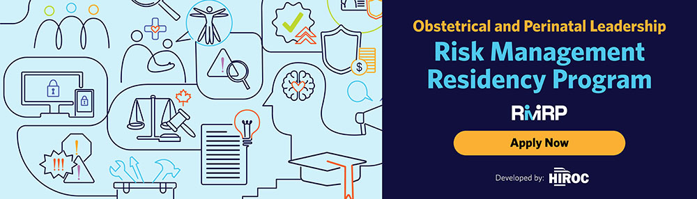 decorative image on the left, the right says Obstetrical and Perinatal Leadership, Risk Management Residency Program with the RMRP logo and an "apply now" call to action