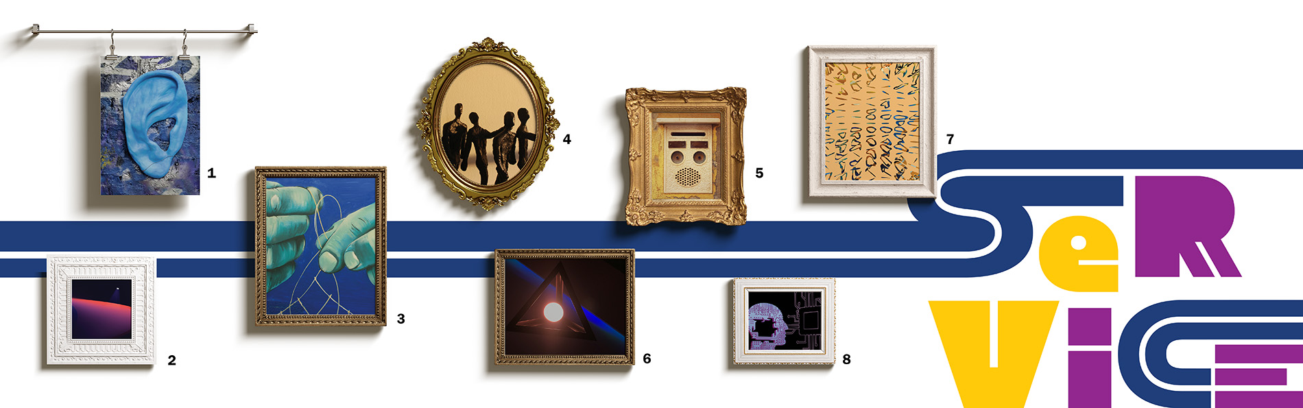 Gallery wall covered in 8 framed art pieces with the word Service. Each artwork is in a different frame. Some of the art pieces include one of a large blue ear, a painting of two hands holding a thread, and an image of a rocket ship in outer space.