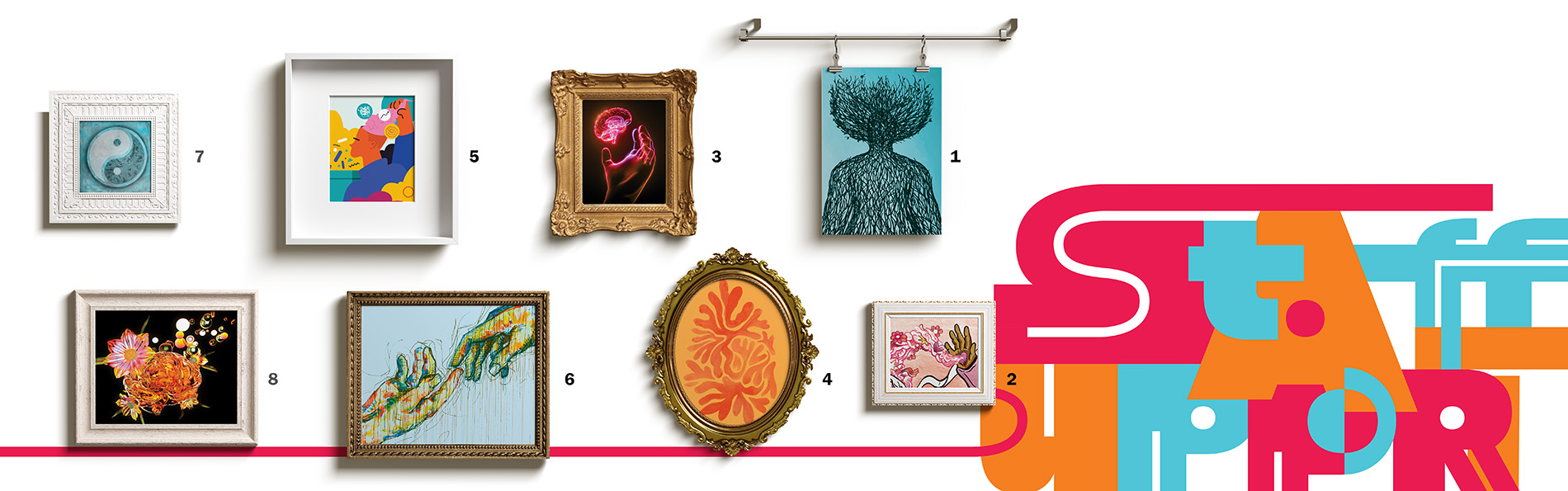 Gallery wall covered in 8 differently framed art pieces with the words Staff Support. One artwork is a yin and yang image, one features two hands nearly touching, and a third shows a hand with a stream of flowers and hearts coming out of the palm.