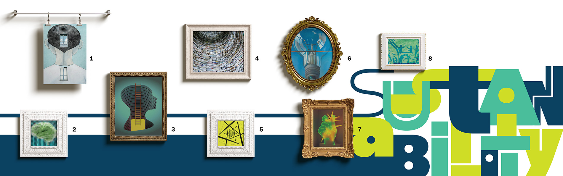 Gallery wall covered in 8 differently framed art pieces with the word Sustainability. One of the art pieces is a drawing of a person with a window on the back of their head and their back. Another is a picture of thousands of books stacked up and around forming a tunnel shape. A third is a painting of a lightbulb very close-up with a blue background.