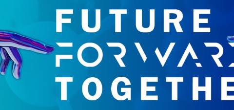 hiroc conference promo image, "future, forward, together" with hands touching the letters
