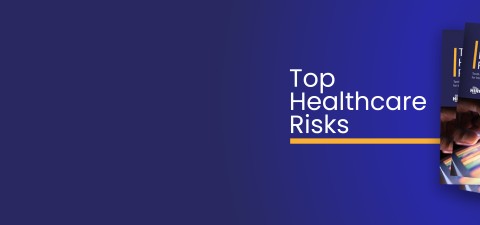 A blue banner featuring imagery of the cover of HIROC's 2025 Top Healthcare Risks Report