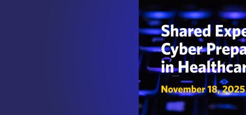 blue backdrop with the image of a keyboard on the right. Over top is the text 'Shared Experiences: Cyber Preparedness in Healthcare, November 18, 2025'