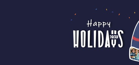 Dark blue backdrop with a knit graphic of a hat - the text reads Happy Holidays. Hat has images of HIROC staff across the front.