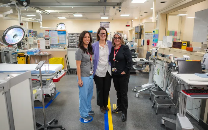 Joy Song, Registered Nurse; Dr. Stephanie Mason, Medical Director, Ross Tilley Burn Centre; Miranda Lamb, Patient Care Manager, Emergency Department pictured in Sunnybrook’s Trauma Room