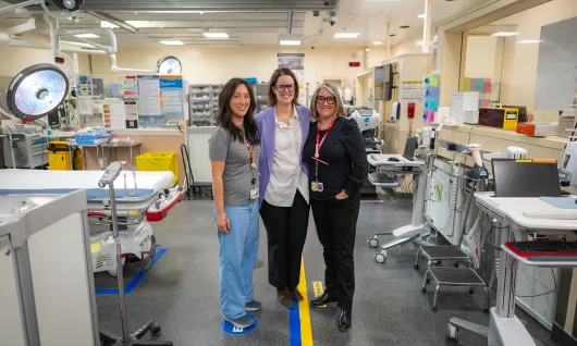 Joy Song, Registered Nurse; Dr. Stephanie Mason, Medical Director, Ross Tilley Burn Centre; Miranda Lamb, Patient Care Manager, Emergency Department pictured in Sunnybrook’s Trauma Room