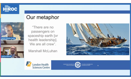 Screen shot of presentation, with two speakers shown on the left and an image of a boat on the right. Quote paraphrased by Marshall McLuhan