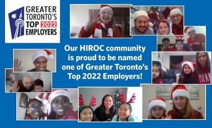 Photo of HIROC staff and their families, text says "Our HIROC community is proud to be named one of Greater Toronto's Top 2022 employers"