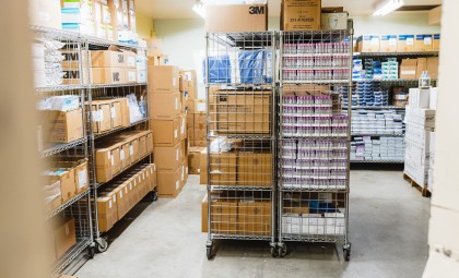 Boxes of PPE in a storage area