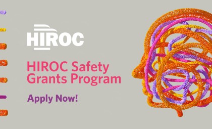 HIROC logo with a graphic image of a colourful head. Text says HIROC Safety Grants Program, Apply Now