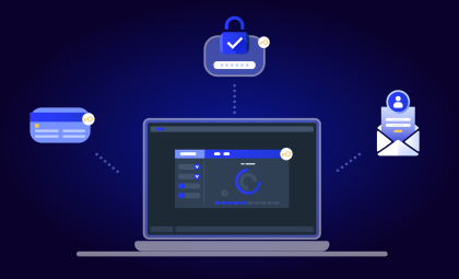 Animated image of laptop highlighting security measures including strong passwords and verifying email sender's identity