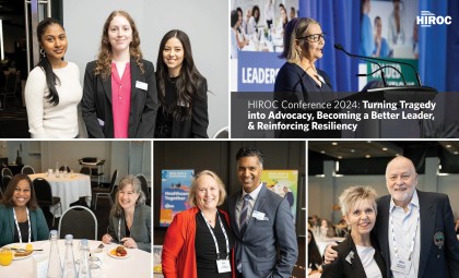 Collage featuring five photos from HIROC's conference with the title "HIROC Conference 2024: Turning Tragedy into Advocacy, Becoming a Better Leader, & Reinforcing Resiliency"