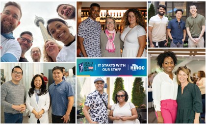 Collage of HIROC staff smiling. Top 100 GTA 2025 logo with HIROC logo and copy that says, "It Starts With Our Staff"