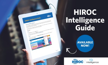 A tablet with the HIROC Intelligence Guide featured on it, including the title of the article and relevant branding