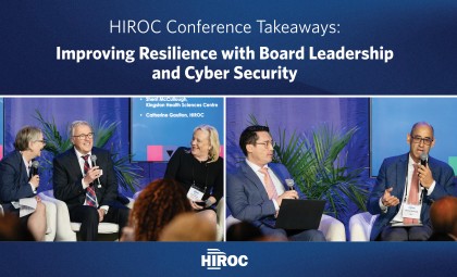 Two photos from the HIROC Conference underneath the title of the article. The photo on the left shows HIROC CEO Catherine Gaulton laughing with two of her panel speakers. The photo on right shows HIROC VP Gareth Lewis talking to another speaker on stage.