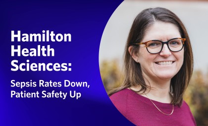 Photo of Bonnie Buchko, with title of the article on the left, HHS Sepsis Rates Down. Patient Safety Up