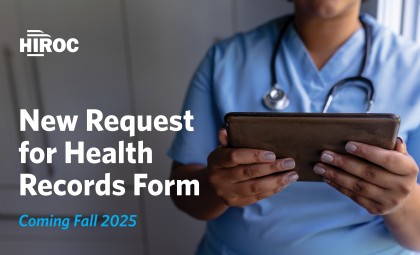 A healthcare professional holding a tablet with the article titled "New Request for Health Records Form Coming Fall 2025" overlaid.