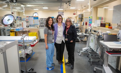 Joy Song, Registered Nurse; Dr. Stephanie Mason, Medical Director, Ross Tilley Burn Centre; Miranda Lamb, Patient Care Manager, Emergency Department pictured in Sunnybrook’s Trauma Room