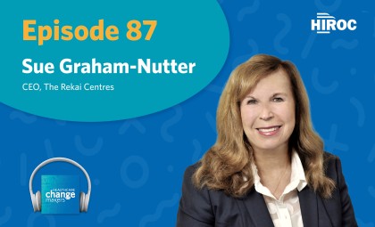 Banner saying "Episode 87" in yellow, and a picture of our podcast guest Sue Graham-Nutter wearing a black blazer.