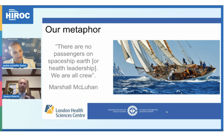 Screen shot of presentation, with two speakers shown on the left and an image of a boat on the right. Quote paraphrased by Marshall McLuhan