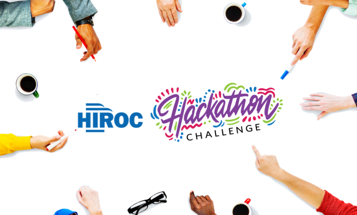 image of hands working together at a table, text in centre says HIROC Hackathon challenge