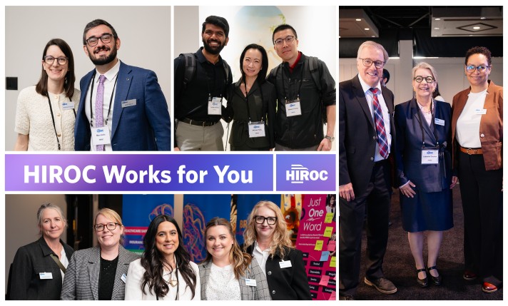 Four photos of smiling employees taken at conferences in a collage with the words HIROC Works for You