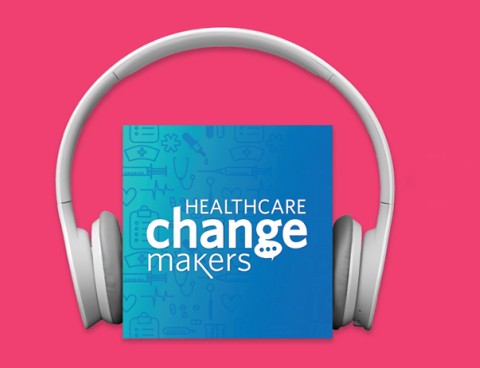Cover art for healthcare change makers podcast with headphones on top, pink backdrop